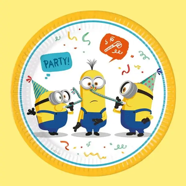 Minions themed party plate featuring three Minions wearing party hats with colourful confetti and party decorations.